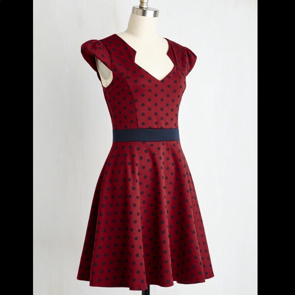 ModCloth Burgundy Polka Dot Fit-and-Flare Dress with Black Belt